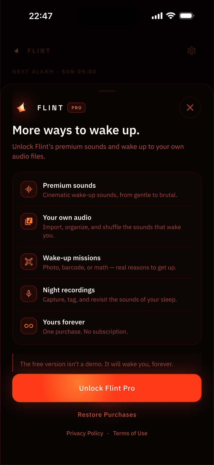Flint Pro: a one-time purchase listing the epic sounds, custom audio and physical wake-ups.