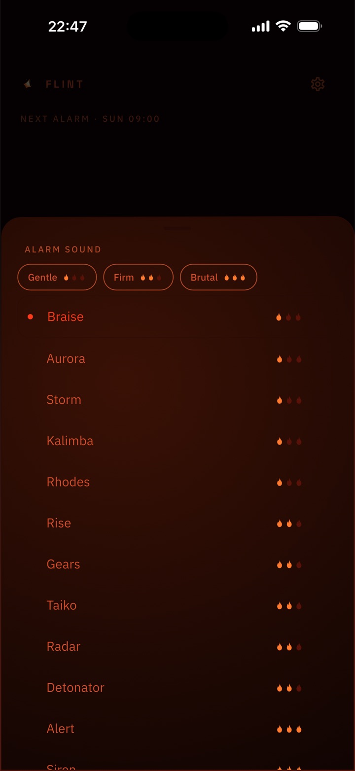 Flint's sound picker, filtered by gentle, firm and brutal, each sound rated with flames.